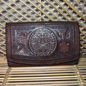 Vintage Handtooled Leather Clutch Floral Mayan Calendar Aztec Flower Design